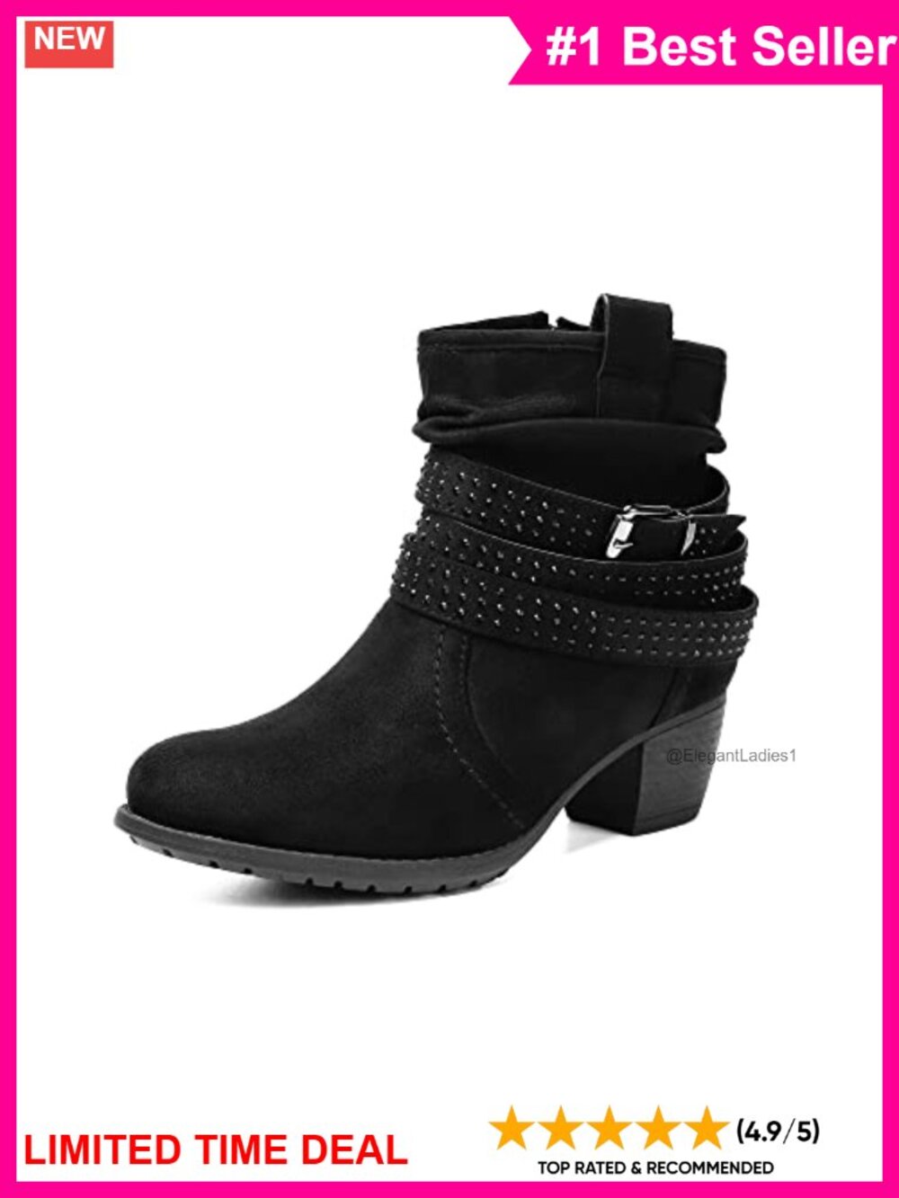 Women's Faux Suede Slouchy Low Heel Zip Booties Jeweled Strap
